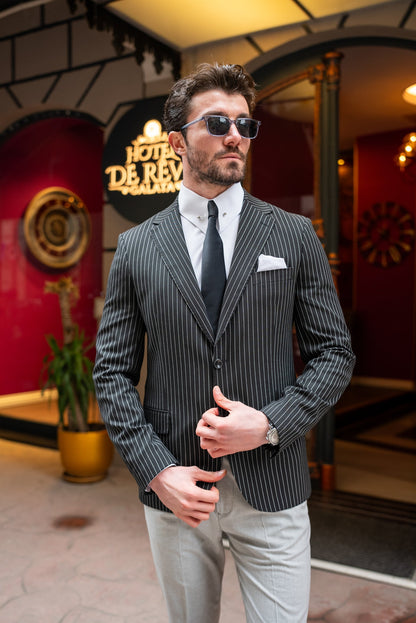 Black Striped Single Breasted Blazer - BRABION