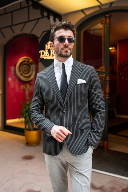 Black Striped Single Breasted Blazer - BRABION