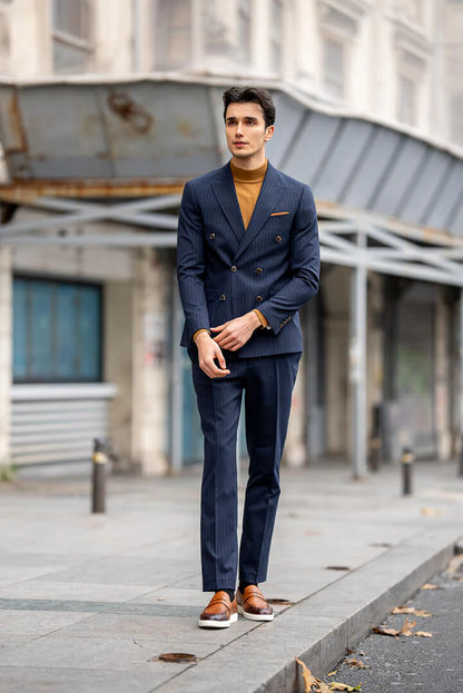 Brabion Double-Breasted Navy Blue Men's Suit
