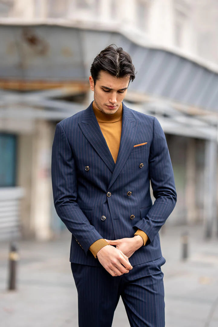 Brabion Double-Breasted Navy Blue Men's Suit