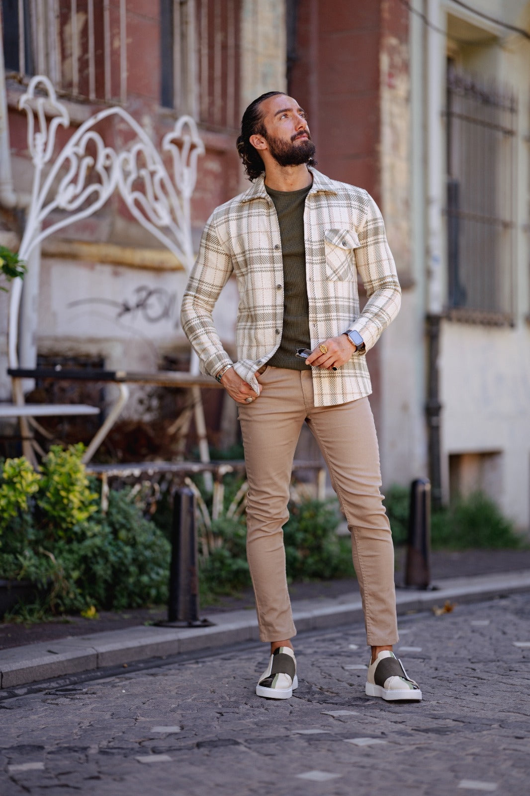 Brabion Paris Beige Green Slim Fit Plaid Shirt