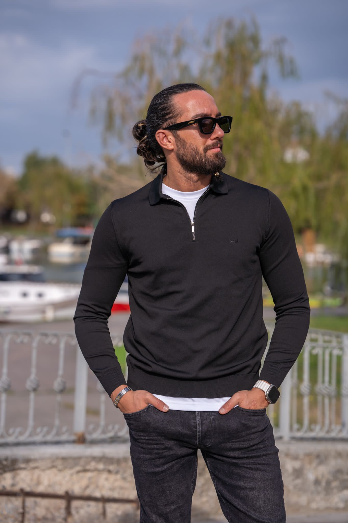 Paul Black Slim Fit Zipper Polo Sweater - Elevate Your Style