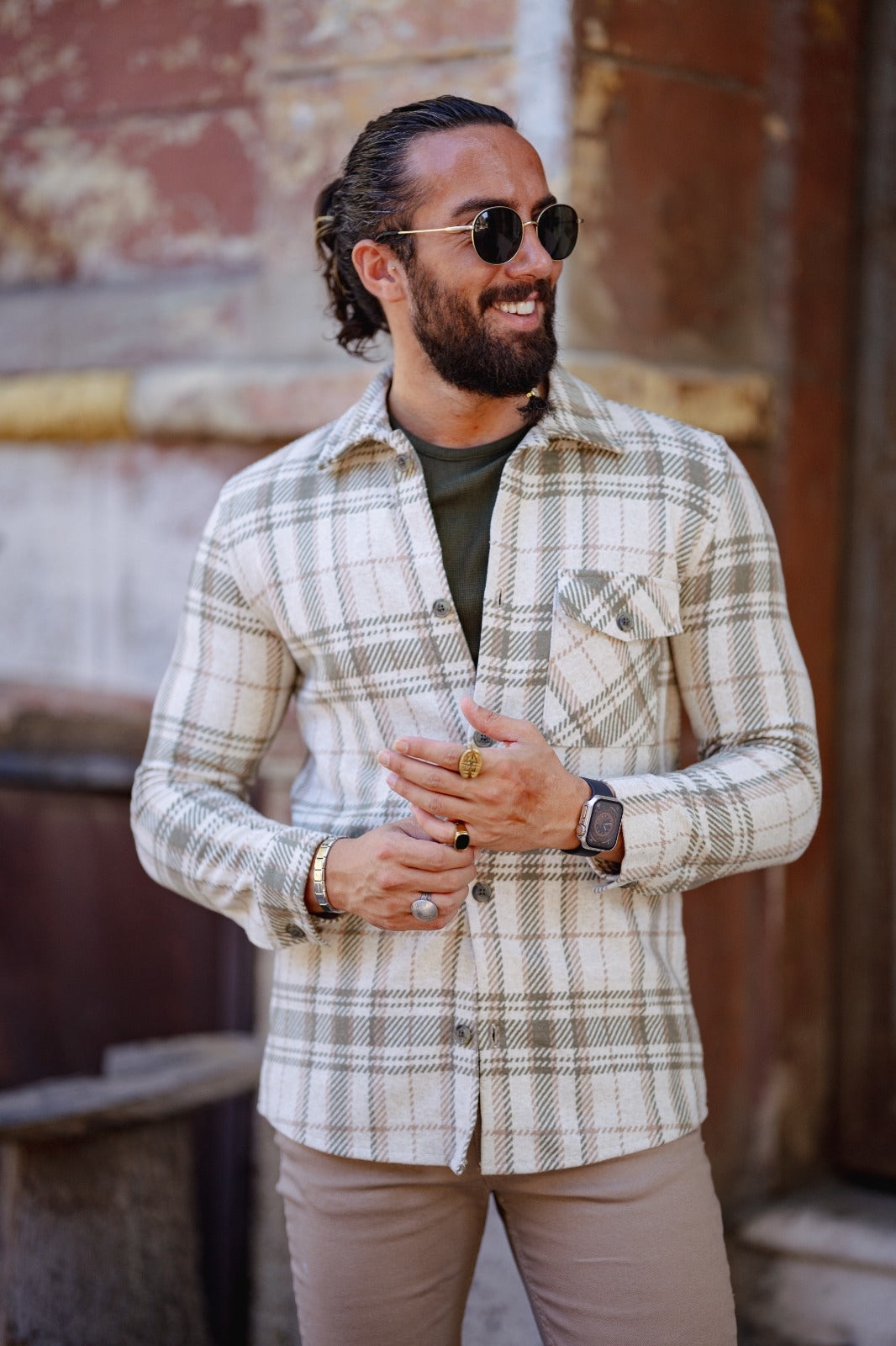 Brabion Paris Beige Green Slim Fit Plaid Shirt