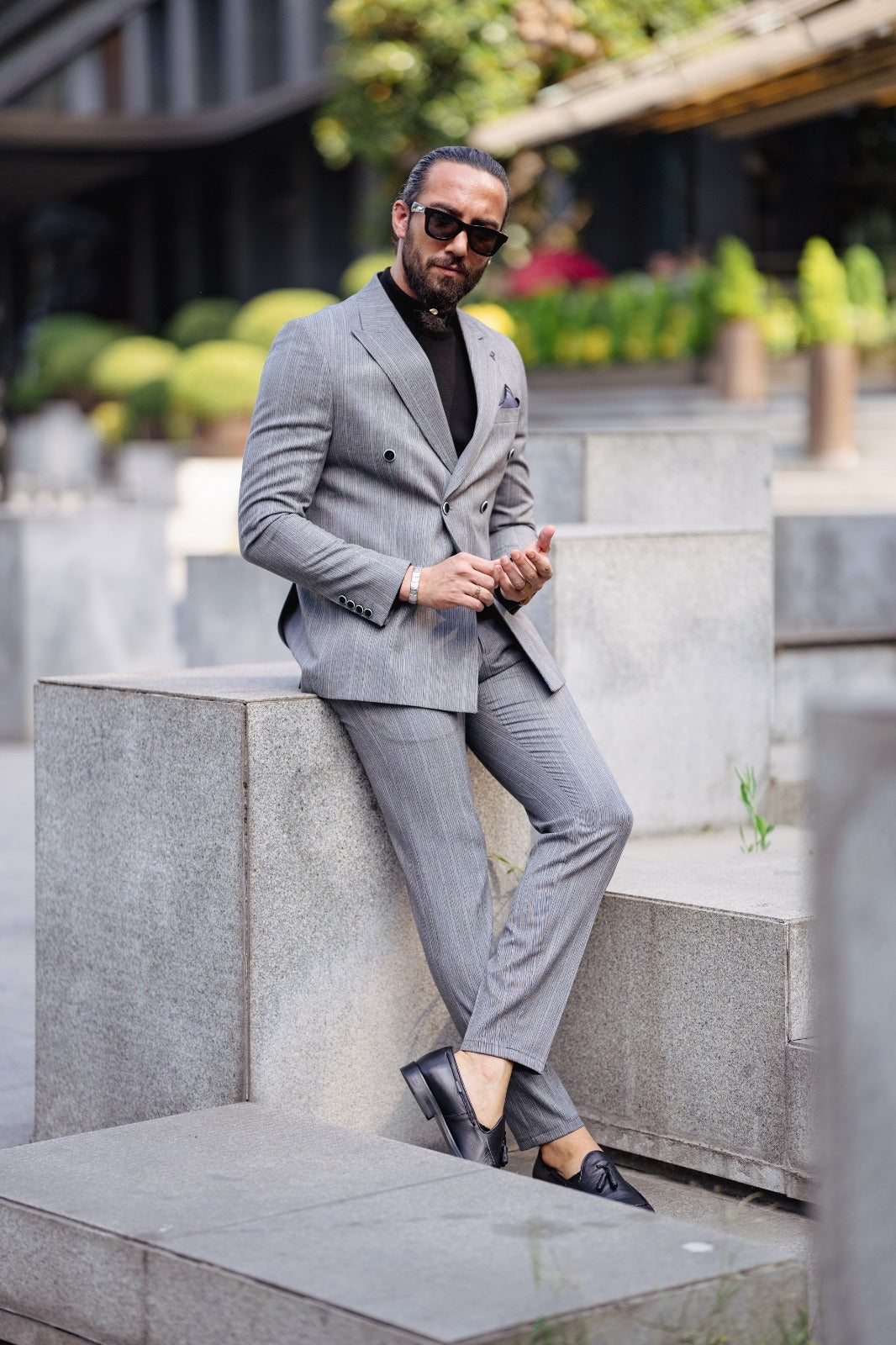 Paris Gray Slim Fit Peak Lapel Double Breasted Striped Suit