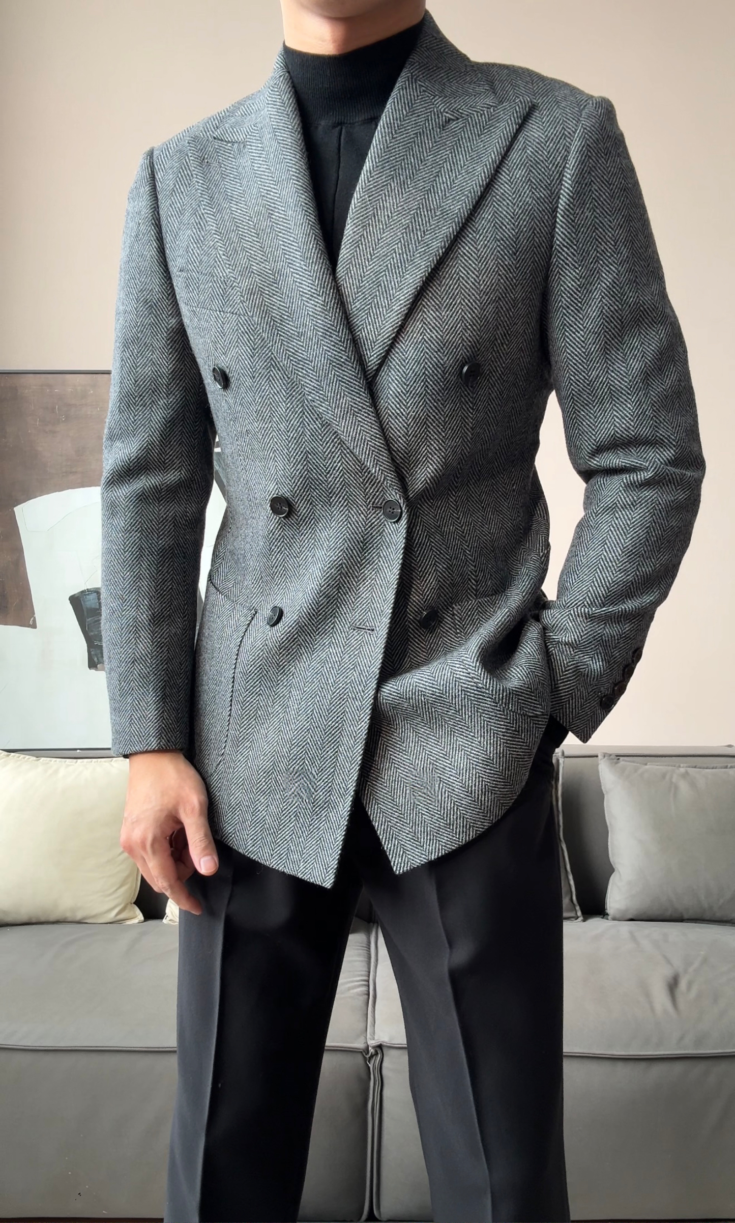 Men’s Retro Herringbone Double-Breasted Blazer