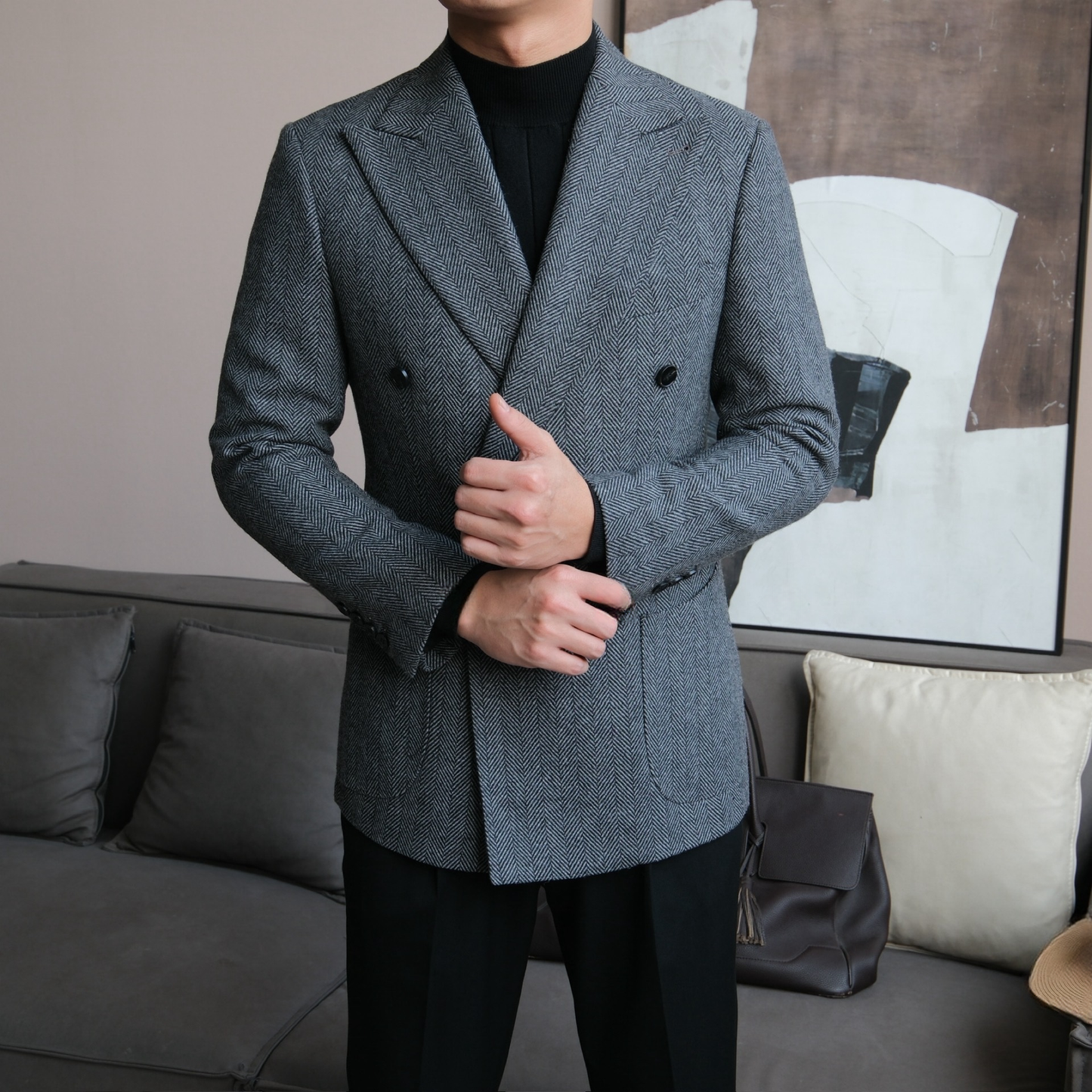 Men’s Retro Herringbone Double-Breasted Blazer