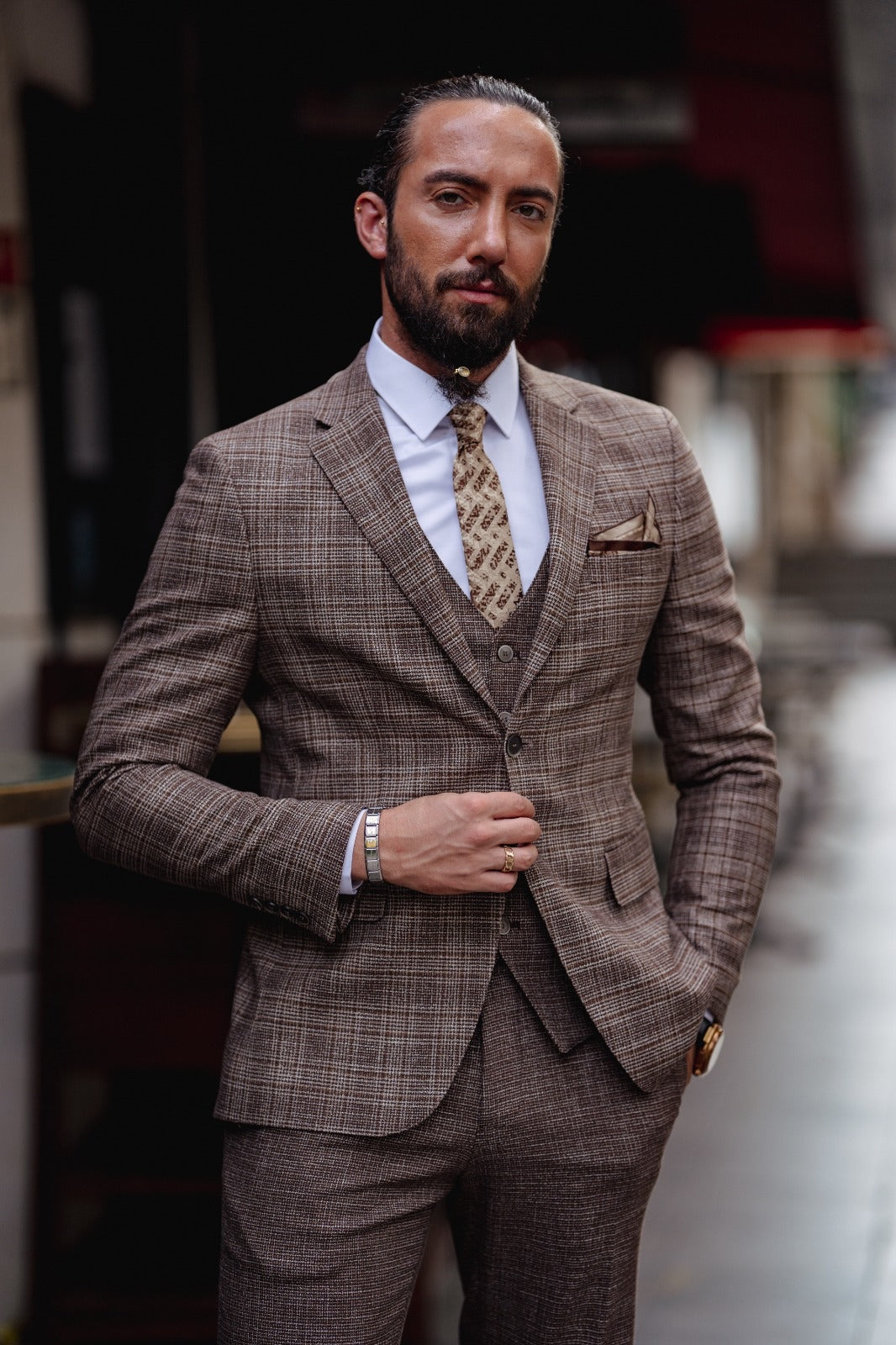 Paris Brown Slim Fit Notch Lapel 3 Piece Plaid Suit for Modern Men