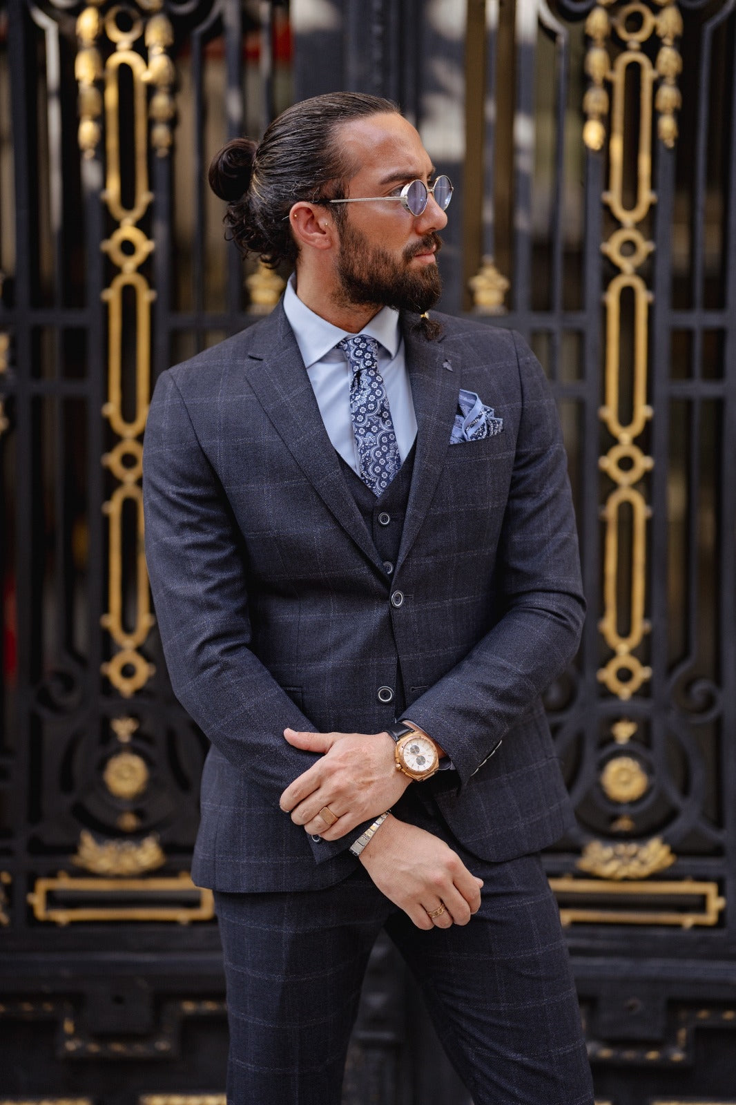 Paris Navy Blue Slim Fit Notch Lapel 3 Piece Check Suit