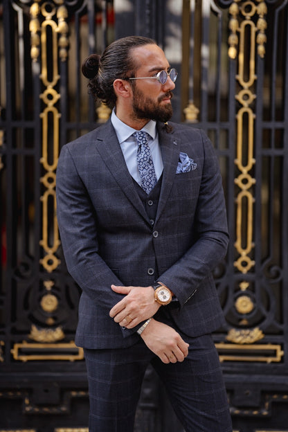 Paris Navy Blue Slim Fit Notch Lapel 3 Piece Check Suit