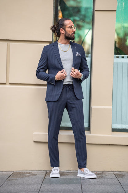 Ardean Navy Blue Slim Fit Notch Lapel Pinstripe Suit