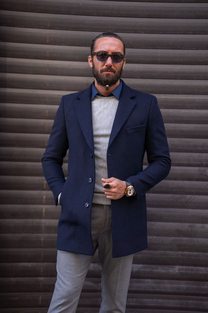 Brabion Navy Blue Slim Fit Single Breasted Long Coat - A Versatile Essential for Any Occasion