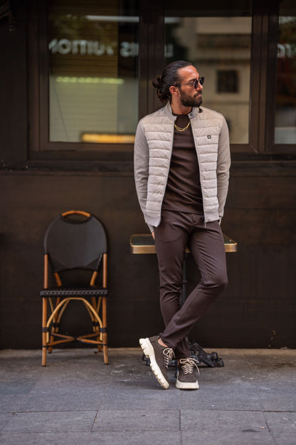 Brabion Beige Slim Fit Zipper Coat - Sophistication and Comfort Combined