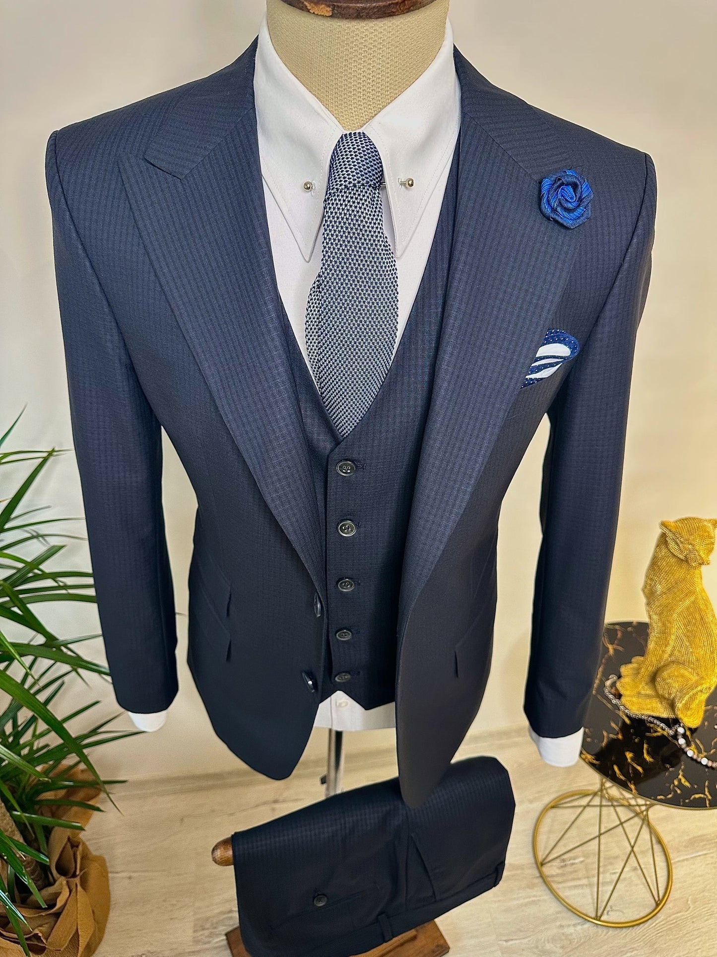 Navy Plaid Slim-Fit Suit 3-Piece VIOSSI