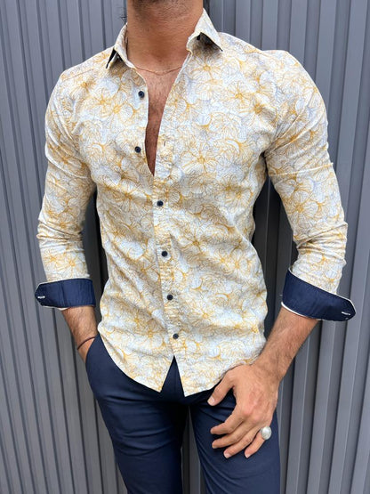 Brabion Lyon Beige Slim Fit Long Sleeve Floral Cotton Shirt