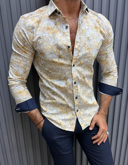 Brabion Lyon Beige Slim Fit Long Sleeve Floral Cotton Shirt