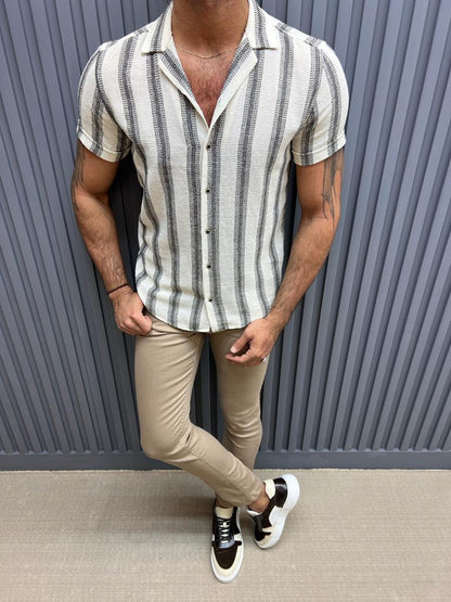 Brabion Lyon Beige Slim Fit Short Sleeve Striped Cotton Shirt