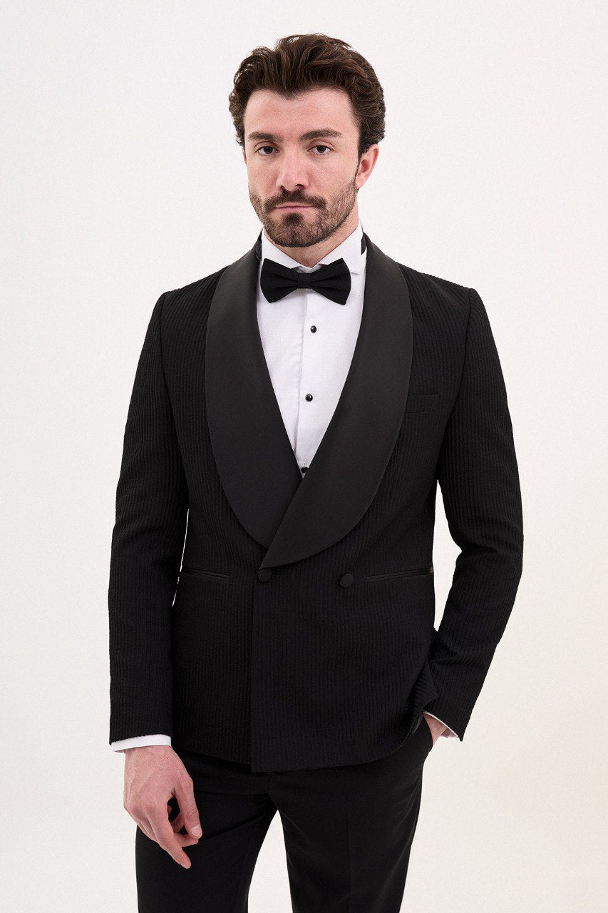 Brabion Luca Black Slim Fit Double Breasted Striped Tuxedo