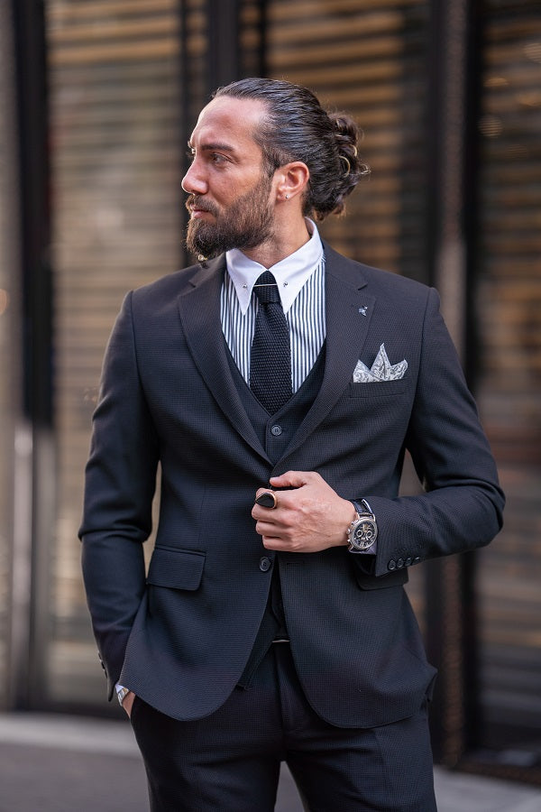 Brabion Lance Midnight Black Slim Fit Notch Lapel 3 Piece Suit