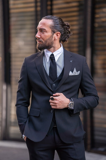 Brabion Lance Midnight Black Slim Fit Notch Lapel 3 Piece Suit