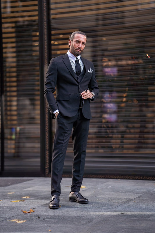 Brabion Lance Midnight Black Slim Fit Notch Lapel 3 Piece Suit