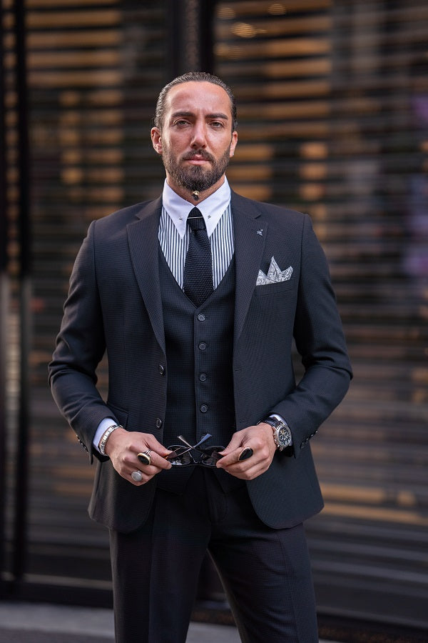 Brabion Lance Midnight Black Slim Fit Notch Lapel 3 Piece Suit