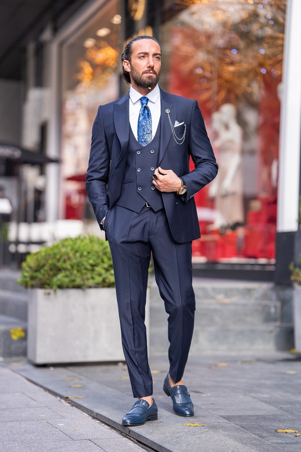 Brabion Lance Navy Blue Slim Fit Peak Lapel 3 Piece Suit