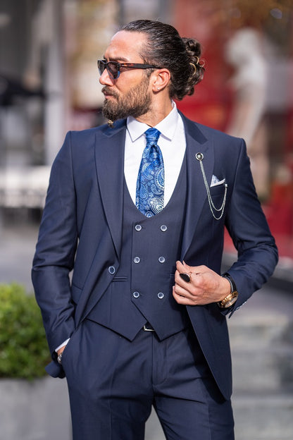 Brabion Lance Navy Blue Slim Fit Peak Lapel 3 Piece Suit