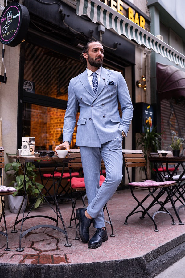 Brabion Massimo Sky Blue Slim Fit Double Breasted Suit