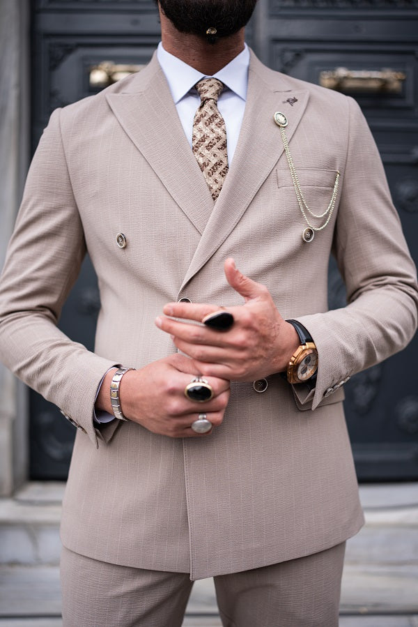 Brabion Massimo Beige Slim Fit Pinstripe Suit
