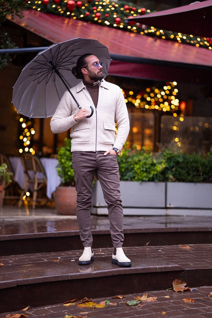 Brabion Massimo Beige Slim Fit Double Pocket Zipper Cardigan