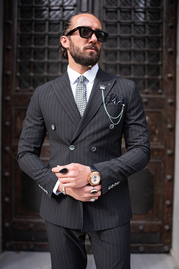 Brabion Massimo Black Slim Fit Pinstripe Suit