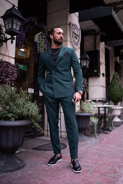 Brabion Massimo Green Slim Fit Double Breasted Buckle Suit