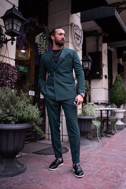 Brabion Massimo Green Slim Fit Double Breasted Buckle Suit