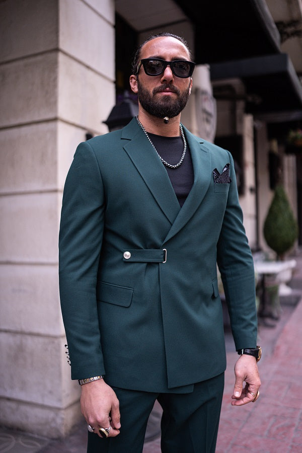 Brabion Massimo Green Slim Fit Double Breasted Buckle Suit