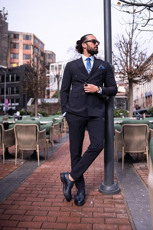 Brabion Massimo Navy Blue Slim Fit Pinstripe Suit