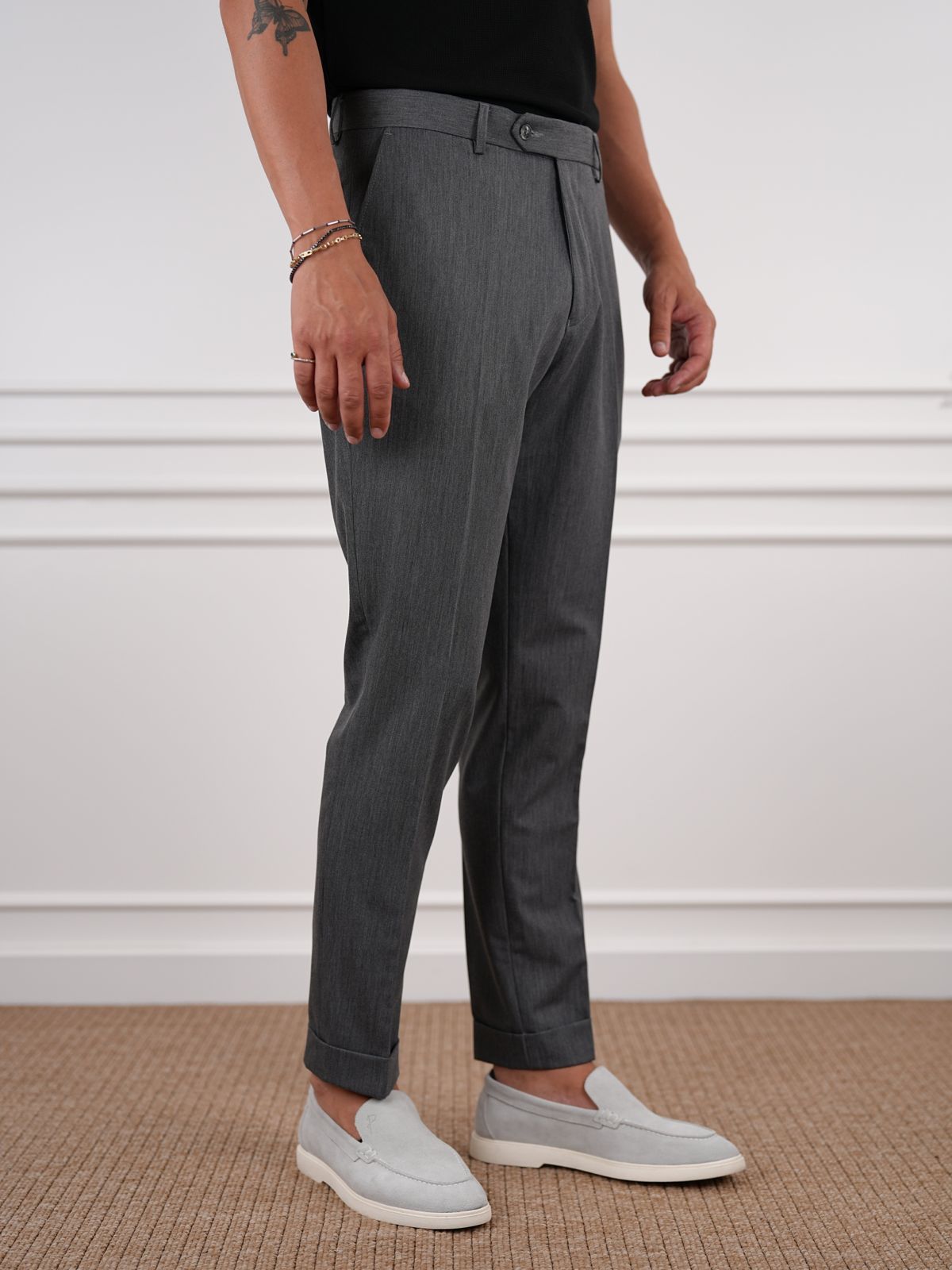 Smoked Gray Slim Fit High Waist Trousers