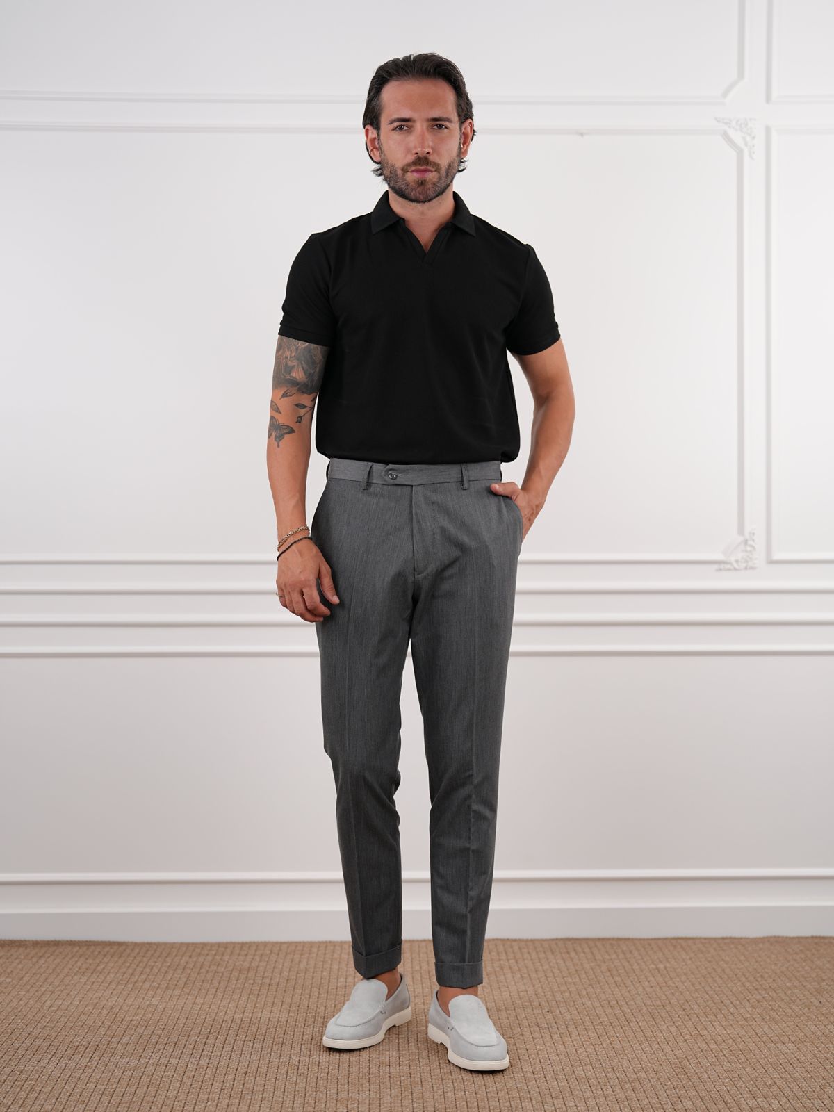Smoked Gray Slim Fit High Waist Trousers