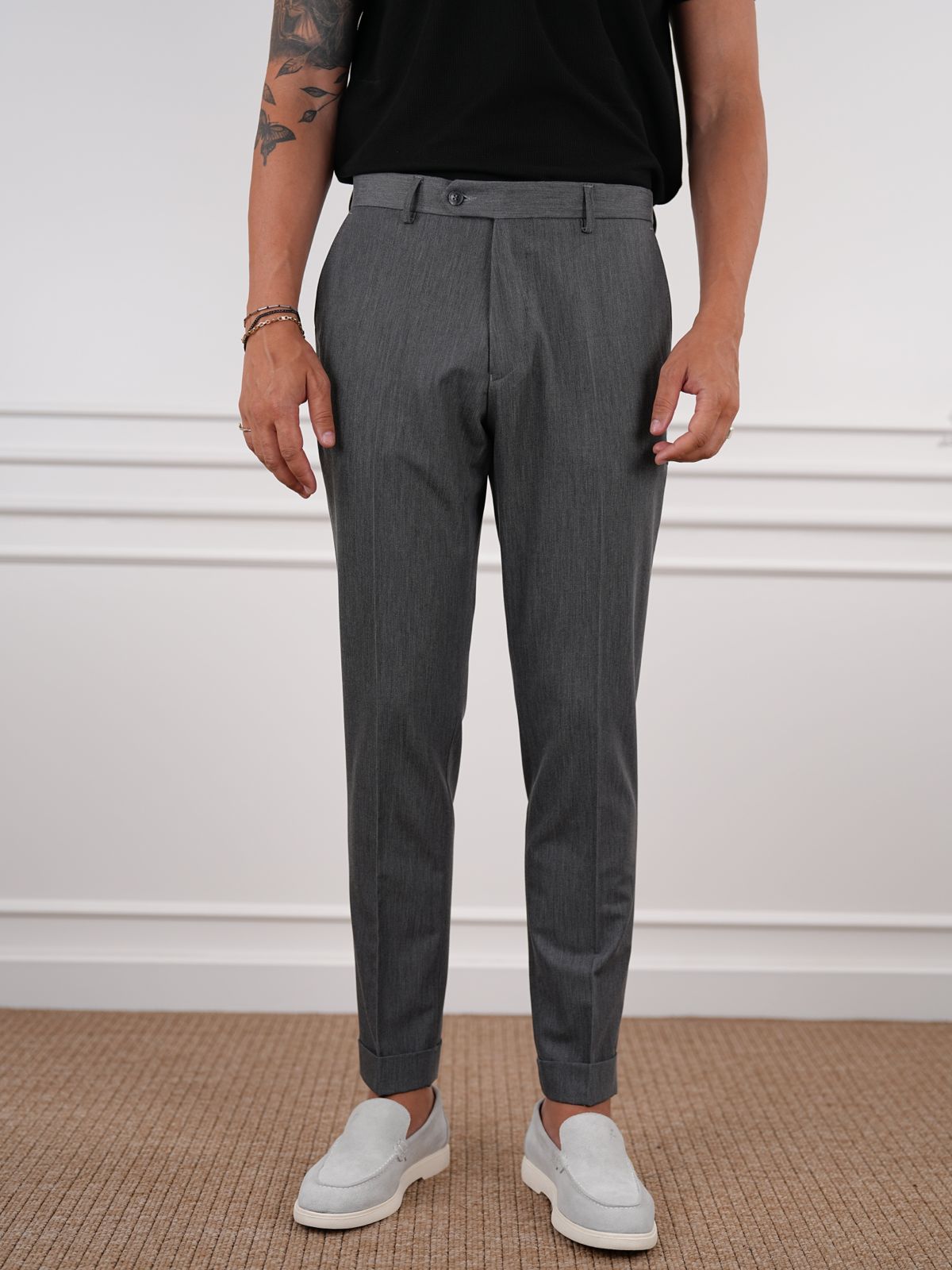 Smoked Gray Slim Fit High Waist Trousers