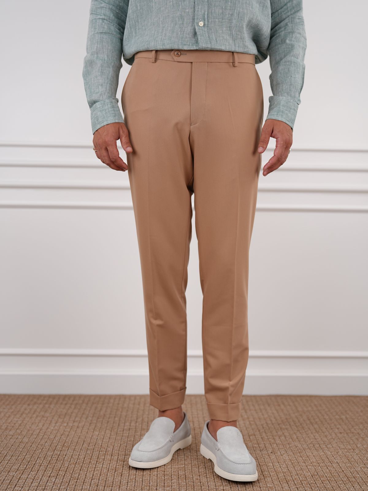 Cream Beige Slim Fit High Waist Trousers