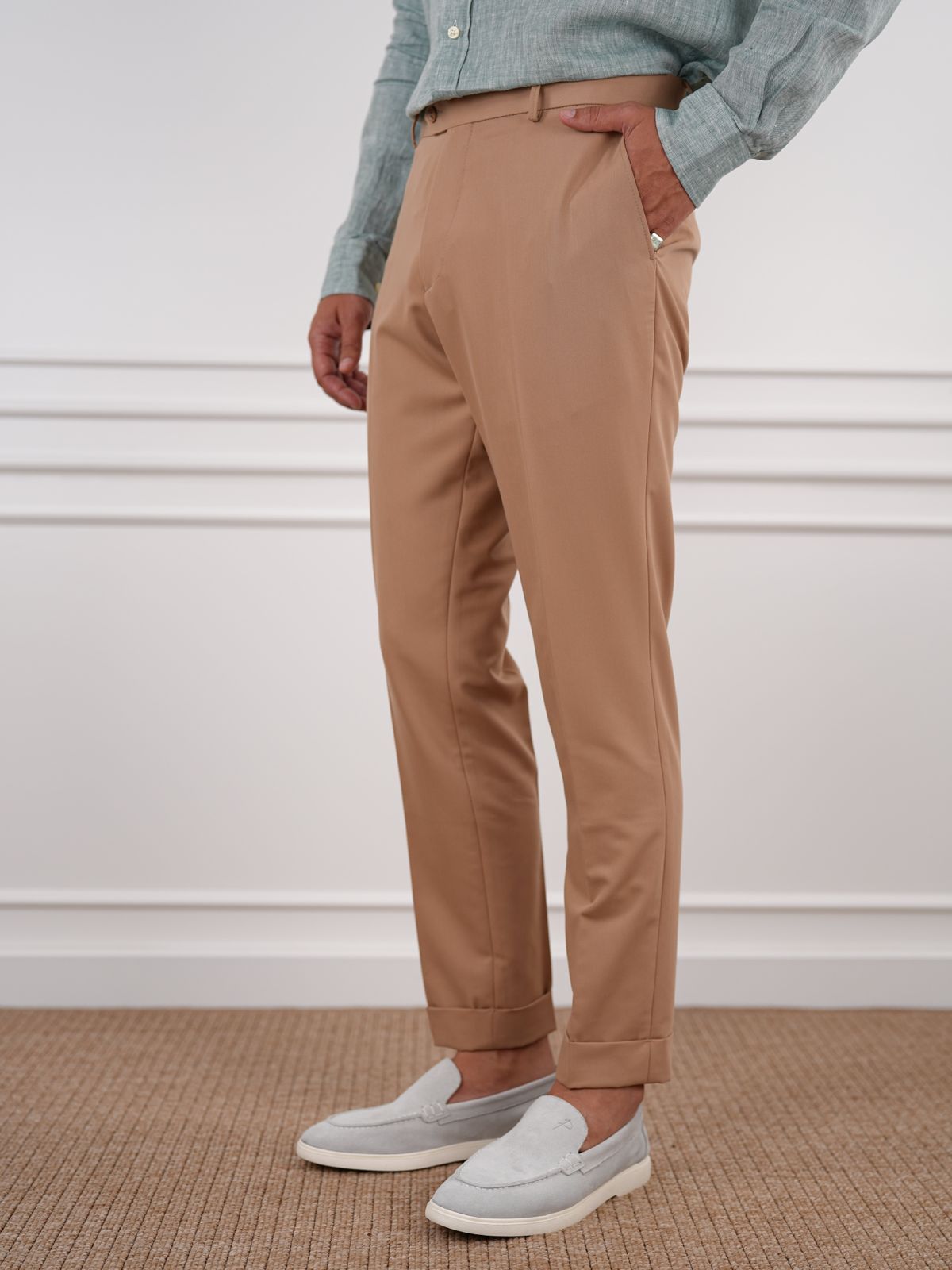 Cream Beige Slim Fit High Waist Trousers