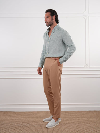 Cream Beige Slim Fit High Waist Trousers