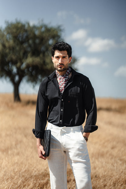 Mykonos Black Linen Button-Down Slim Fit Shirt