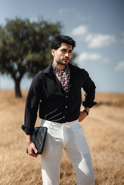 Mykonos Black Linen Button-Down Slim Fit Shirt