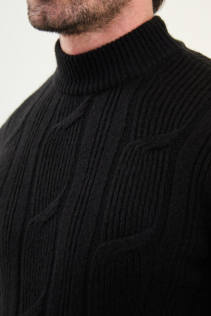 Black Cable-Knit High Neck Sweater