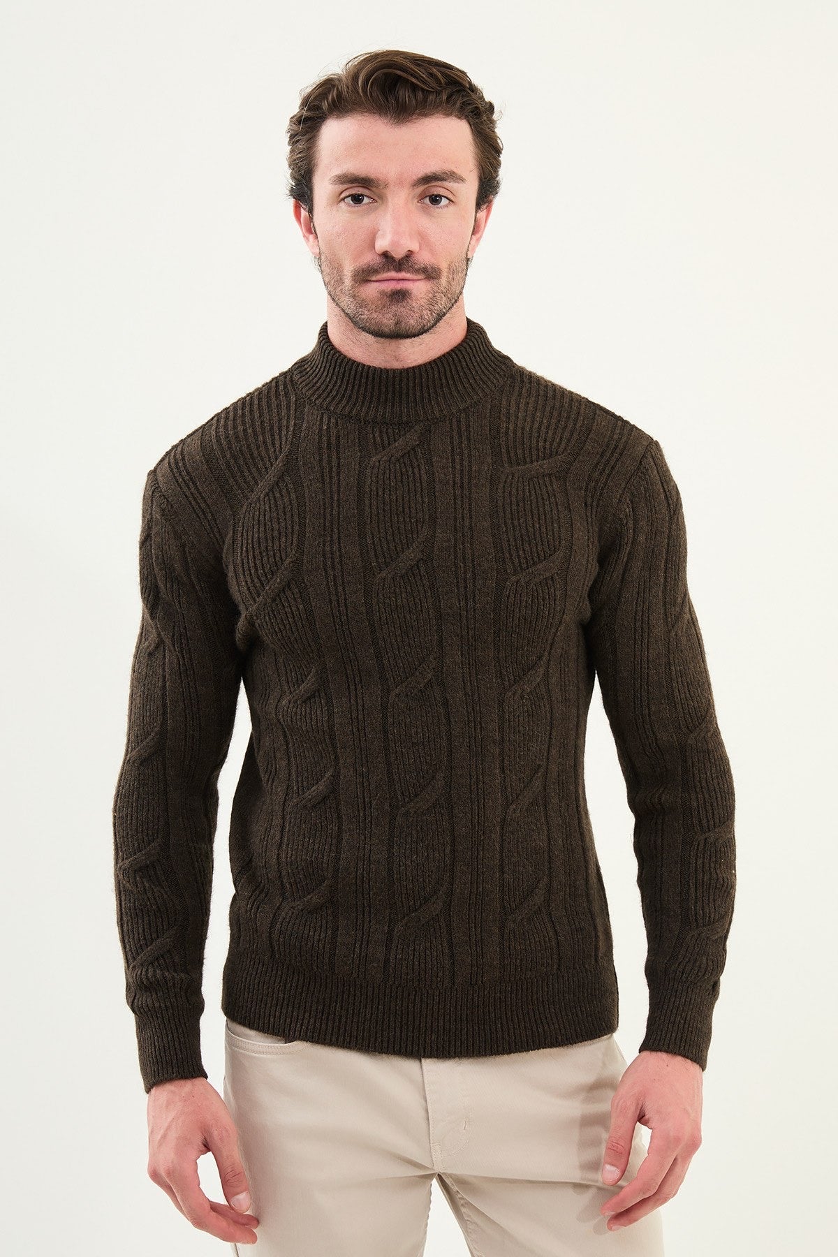 Dark Brown Cable-Knit High Neck Sweater