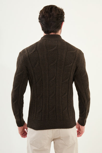 Dark Brown Cable-Knit High Neck Sweater