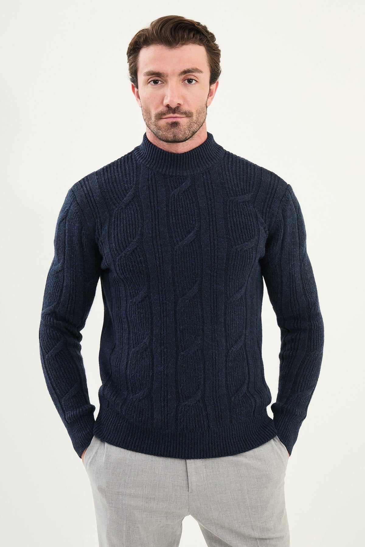 Navy Blue Cable-Knit High Neck Sweater