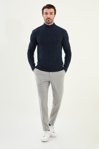 Navy Blue Cable-Knit High Neck Sweater