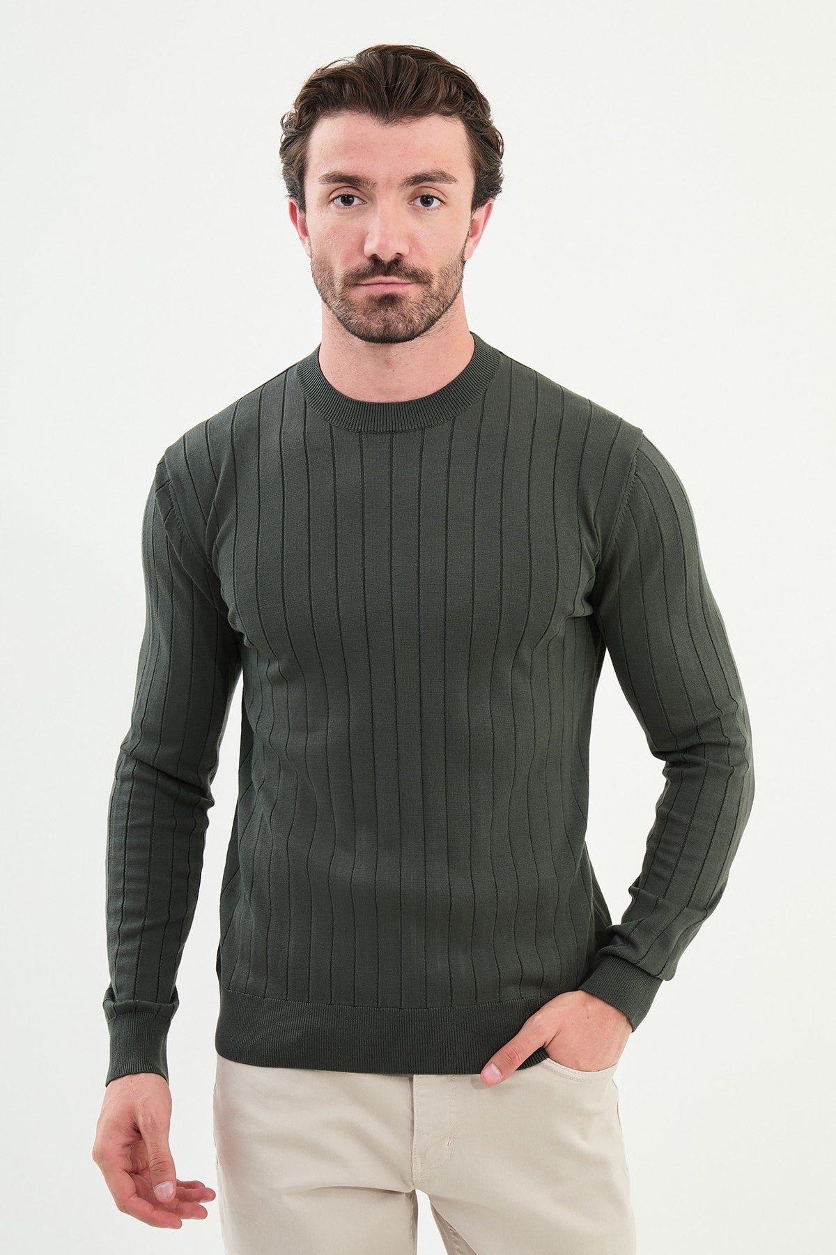 Men’s Khaki Green Ribbed Slim Fit Sweater