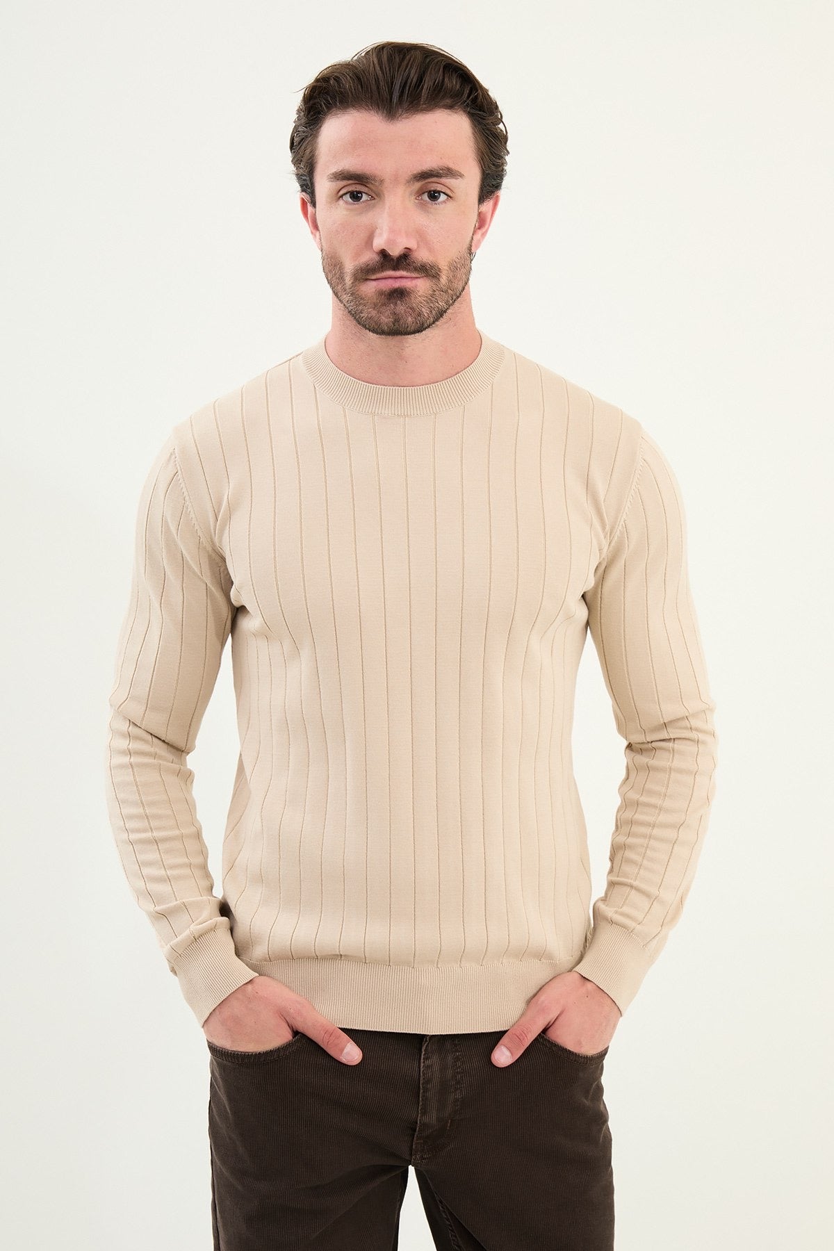 Men’s Beige Ribbed Slim Fit Sweater